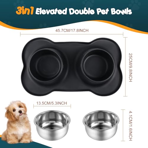 Double Dog Food Bowls Stainless Steel & Water Dish with No-Spill and Non-Slip Silicone Mat, Removable Puppy Feeder Bowls for Small Medium Size Cat Dogs Kitten,14oz