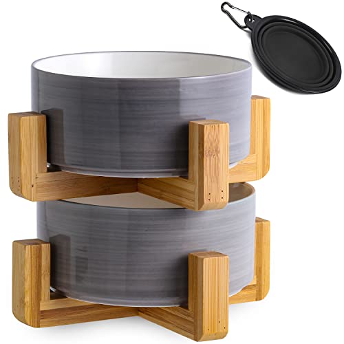 Petygooing Ceramic Cat Dog Bowl Set with Stand,Small Dog Bowls,Pet Food and Water Dish, Anti Slip Set of 2 Cat Bowls-Cute Modern Pet Food Dish Small Size (13.5OZ/5.1 in) Grey White - color: Grey White, size: Puppy/Small Size Dogs & Cat Bowls 400ML*2