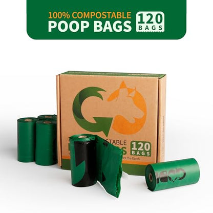 Certified 100% Home Compostable Poop Bags for Dogs, 120 Count Guaranteed Leak Proof and 18 Microns Extra Thick Waste Bag, 8 Rolls of Plant Based Doggie Poop Bag, No Scented with ASTM D6400 & EN13432 - color: Dark Green, size: 120 Count (Pack of 1)