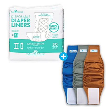 Paw Inspired Reusable, Washable Belly Bands for Male Dogs (X-Small, 3 Count) with Disposable Diaper Liner Inserts (30 Count)