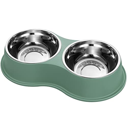Epetslove Dog Bowls Double Dog Water and Food Bowls Stainless Steel Bowls with Non-Slip Resin Station, Pet Feeder Bowls for Puppy Medium Dogs Cats - color: 6.Green, size: Medium-18oz