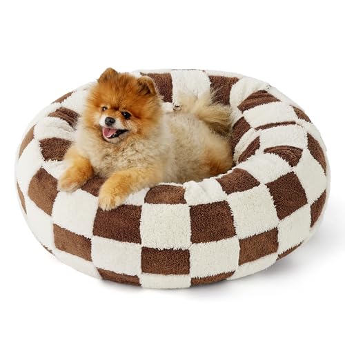 LE SURE Donut Small Dog Bed - Round Cat Beds Indoor Anti-Anxiety Calming Present for Pets, Washable Cute Modern Beds with Jacquard Shaggy Plush & Anti Slip Bottom，23 Inch, Brwon - color: Brown Checks, size: 23.0"L x 23.0"W x 7.0"Th