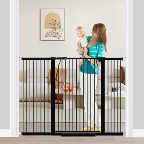 Fairy Baby 40.5" Extra Tall Baby Gate for Stairs, Fits Openings of 40.6" to 54.7" Wide, Extra Wide Dog Gate Indoor, Pressure Mounted Walk Thru Swing Auto Close Metal Puppy Barrier for Doorway, Black - color: Black, size: 40.6"-54.7"