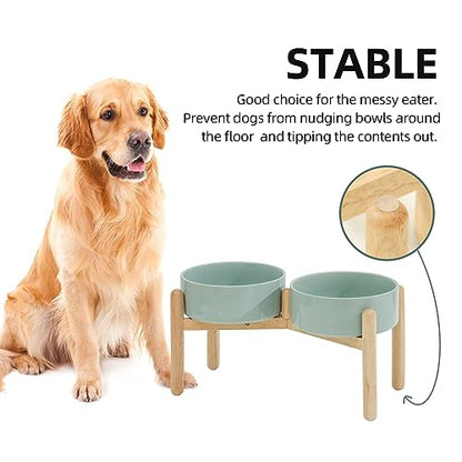 Havniva 8.3inch Ceramic Raised Dog Bowl with Stand, Double Dog Bowls Elevated for Large Breed Dog Food and Water Bowl Set Non-Slip Dog Dish Large Capacity Feeding Pet Water Bowl - color: 2 Bowls+Stand - Light Green, size: 8.3inch