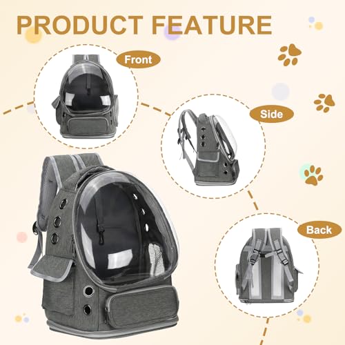 Pet Backpack Carrier, Portable and Ventilated, Oxford Cloth, Dog Cat Travel Bag with Transparent Cover 13.39", (Gray, 1 Pcs), Intended for Hiking/Camping/Traveling - color: Gray