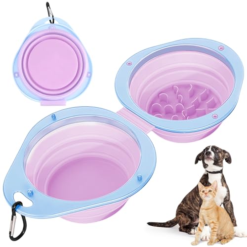 2-in-1 Purple Collapsible Dog Bowls with Carabiner | Foldable Water Bowl(320ml) Foldable Slow Food Bowl(130g) for Dogs Cats Travel Hiking Camping - color: Purple