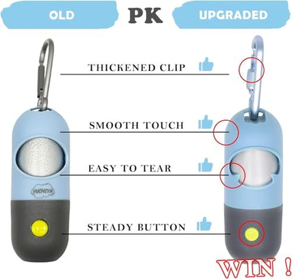 Dog Poop Bag Holder with LED Flashlight for Night Walks,Silicone Tether & Panda Pattern Clip for Used Bags, Hands-Free Metal Leash Carabiner, Includes 15 Scented Waste Bags (Blue) - color: Blue