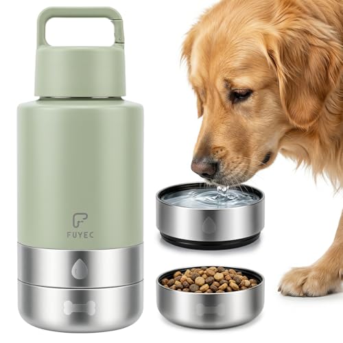 32oz Insulated Dog Water Bottle Dispenser, 3-in-1 Stainless Steel Travel Cup with 2 Detachable Food and Water Bowls, Leak Proof Large Pet Gear, Ideal Gift for Dog Lovers - color: green