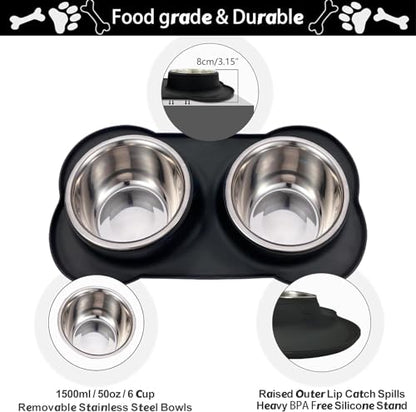 AsFrost Dog Food Bowls Stainless Steel Dog Bowls, Dog Food and Water Bowl Set with No Spill Non-Skid Silicone Mat, Dog Dishes for Small Medium Large Sized Dogs Pet Cat Food Bowls, 6 Cup, Black - color: Black, size: 6 Cup/50 oz each