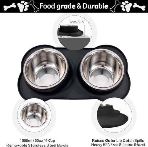 AsFrost Dog Food Bowls Stainless Steel Dog Bowls, Dog Food and Water Bowl Set with No Spill Non-Skid Silicone Mat, Dog Dishes for Small Medium Large Sized Dogs Pet Cat Food Bowls, 6 Cup, Black - color: Black, size: 6 Cup/50 oz each
