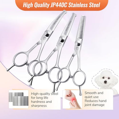 Dog Grooming Scissors: 3 in 1 Pet Shears Set Made of Advanced JP440C Stainless Steel Alloy for Trimming Dogs Cats and Other Pets Face and Paws - style: SET