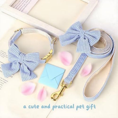 Dog Collar and Leash Set with Bowtie, Soft & Cute Puppy Collar, Cotton Puppy Collar with Adjustable Metal Buckle for Small, Medium Dog (Blue, Size M: Neck 13"-22") - color: Blue, size: M: Neck 13"-22" Leash 5 FT
