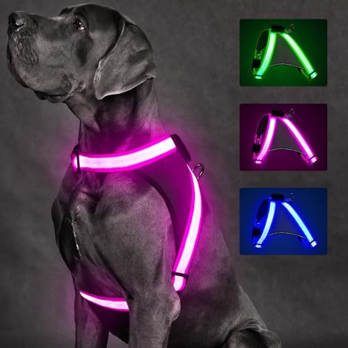 ChalkLit Light Up Dog Harness, No Pull Led Dog Harness Glow-in-The-Dark for Night Walking, USB Rechargeable Lighted Safety Vest for Medium Large Dogs, Adjustable Soft Mesh Fully Illuminated(Pink, XL) - color: Pink, size: Extra Large