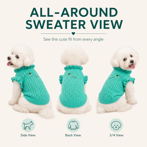Dog Sweater for Small Dogs, Textured Knit with Ruffle Collar, Lightweight Breathable Girl Dog Clothes, Cute Puppy Sweater for Daily Wear Photoshoot (Green,S) - size: Small