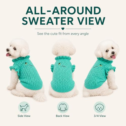 Dog Sweater for Small Dogs, Textured Knit with Ruffle Collar, Lightweight Breathable Girl Dog Clothes, Cute Puppy Sweater for Daily Wear Photoshoot (Green,S) - size: Small