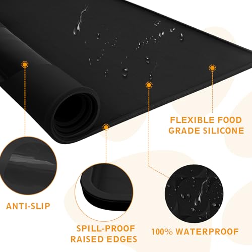 Extra Large Silicone Dog Food Mat 33.9"x21.9" – 0.27" Raised Edge Waterproof Pet Feeding Mat, Non-Slip Placemat for Multiple Bowls, Auto Feeders, Cat Fountains, Dishwasher Safe (Black/Gray) - color: Black