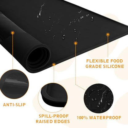 Extra Large Silicone Dog Food Mat 33.9"x21.9" – 0.27" Raised Edge Waterproof Pet Feeding Mat, Non-Slip Placemat for Multiple Bowls, Auto Feeders, Cat Fountains, Dishwasher Safe (Black/Gray) - color: Black