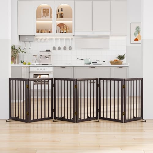 Freestanding Pet Gate 55-110" Extre Wide, Foldable Dog Gate for the Doorways House, Pet Gates for Dogs, Doogie Puppy Fence Gate - color: Bamboo Dog Gate Brown, size: 6 Panel - 110 inches Wide