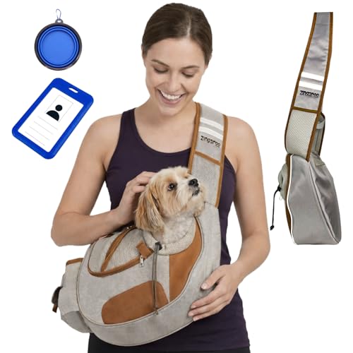 Hands-Free Sling Pet Carrier for Cats and Small Dogs up to 7lbs – Travel Set Includes Foldable Water Bowl & ID Card – Breathable Mesh, Safety Hook & Adjustable Padded Strap for Walking & Travel - color: Beige