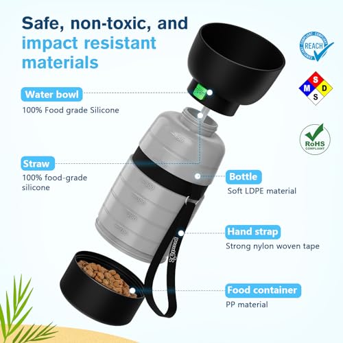 Pecute Upgraded 22 oz Dog Water Bottle with 5 oz Food Container, Portable Dog Travel Water Bottle Dispenser, Leakproof, BPA Free, Lightweight, Pet Water Bottle Bowl for Outdoor Walking Hiking Camping | Portable, Leakproof, includes Foldable Bowl, Lightwei
