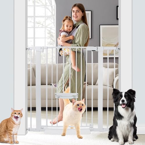 SHYUJAJIE 37 Inch Tall Baby Gate with Cat Door, Adjustable 29.55" and -40.55" Wide Auto Close Dog Gate Pressure Mounted Safety Pet Gate for Stairs, Doorway, House - color: White, size: 37*40.66"