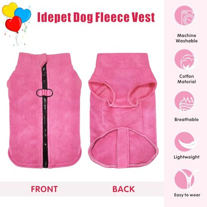 Idepet Dog Fleece Vest Sweater Zip Up Warm Pullover Dogs Jacket with D-Ring Leash Winter Cold Weater Coat Pet Sweatershirt Clothes Hoodie for Small Medium Dogs Boy Girl (Rose Red, XS) - color: Rose Red, size: XS