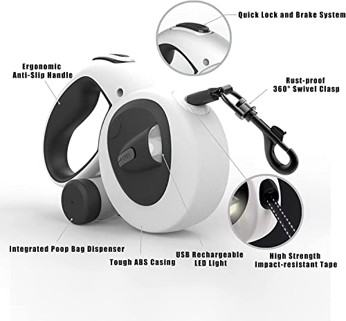 HCY&WLD Upgrade 4-in-1 Retractable Dog Leash with LED Light & Dispenser & Poop Bags, 16 ft Heavy Duty Dog Leash with Anti-Slip Handle for Dogs up to 44 lbs, 360° Tangle-Free, One Button Brake & Lock - size: Small