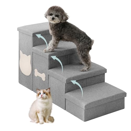 4-Step Wider Dog Steps for Bed 22" H, Foldable Dog Stairs with Storage, Non-Slip Pet Steps for Small Medium Large Dogs, Arthritis-Friendly Pet Stairs for Couch and Car Up to 200 lbs, Grey - size: 4-Step