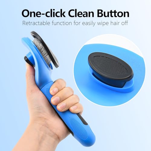 Self Cleaning Slicker Brush for Dogs & Cats, Deshedding Tool with Ergonomic Non-Slip Handle, One Button Hair Removal, Blue