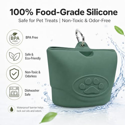 Upgraded Dog Treat Pouch with Strong Magnetic Closure - Small Silicone Training Bag, Waist-Mounted Clip & Leash Carabiner, Airtight Portable Treat Bag (Dark Green) - color: Dark Green