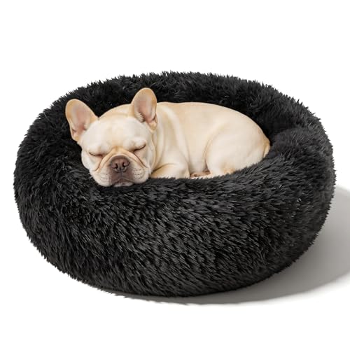 Dog Calming Beds for Medium Large Dogs - Round Donut Washable Puppy Dog Bed, Anti-Slip Faux Fur Fluffy Donut Cuddle Anxiety Cat Pet Bed(28'' Black) - color: Black, size: 28"L x 28"W x 8"Th
