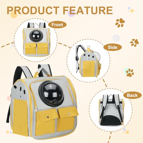 Pet Backpack Carrier, Portable and Ventilated, Oxford Cloth, Dogs Cats and Small Animals Travel Bag 12.99", (Yellow, 1 Pcs), Intended for Hiking/Camping/Traveling - color: Yellow