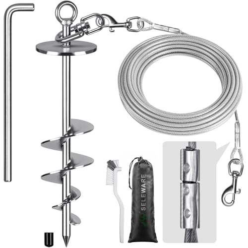 SELEWARE Dog Tie Out Cable and Stake - 17" Rust-Proof Swivel Anchor w/15FT Heavy Duty Cable for Large Dogs up to 220 lbs - No-Tangle, Easy Install with Torsion Bar, Secure for Yard, Camping & Beach - color: Silver-E, size: 15 ft cable + stake