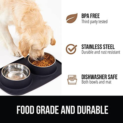 GORILLA GRIP Dog Bowl Set with Slip Resistant Silicone Feeding Mat, Food Grade 304 Stainless Steel Bowls, BPA Free, High Edge Spill Containment, Dishwasher Safe, Finger Notch Removal, 2 Cup, Black - color: Black, size: 2 Cup Bowls