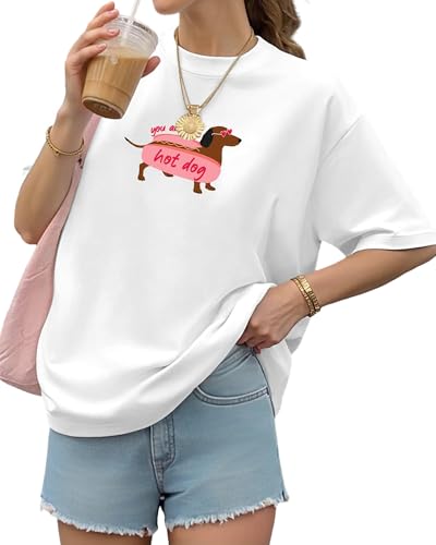 Aiyino Womens Funny Dog Graphic Tee Oversized Dog Lover Shirt | 100 Percent Cotton Soft Breathable Lightweight Everyday Comfort - color: Hot Dog White, size: Large