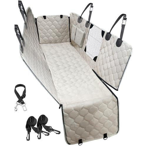 PETICON Dog Car Seat Cover with Mesh Window, 100% Waterproof Pet Seat Cover for Back Seat, Scratchproof Dog Hammock for Cars, Trucks, SUVs, Jeeps, Beige - color: beige-Y