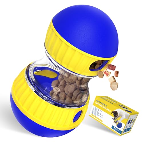 BSISUERM Dog Treat Dispensing Puzzle Toy Adjustable Food Dispenser Slow Feeder Puppy Enrichment Training Rolling Ball Pet Interactive Chase Toys for Small Medium Large Dogs to Keep Them Busy - color: Blue - Single - Standard