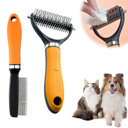 Double-Sided Self-Cleaning Pet Grooming Brush,2026 New Ergonomic Undercoat Rake,Gentle Detangler Brush for Long Thick Pet Hair,Professional Grooming Tool (Orange-Comb+Pin Comb Set-10Teeth/19Teeth) - color: Orange-Comb+Pin Comb Set-10Teeth/19Teeth