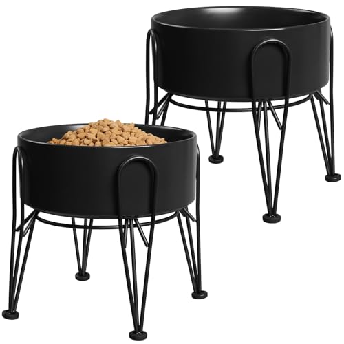 Elevated Dog Bowls, Ceramic Raised Dog Bowl Set with Anti-Slip and Non-Tip Metal Stand, 2 Pack Pet Food and Water Feeding Bowls for Small and Medium Dogs (Black,7.6 Cups) - color: Black, size: 7.6 Cups | 2 Pack | For Large Dogs