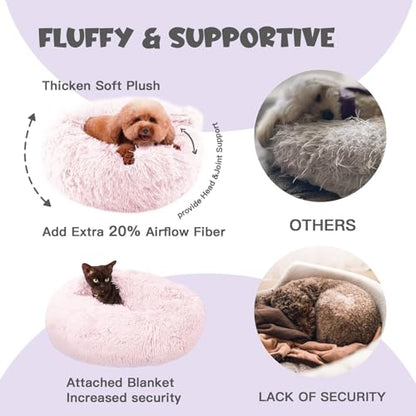 Himax Dog Bed for Medium Dogs, Pink Dogs Beds with Blanket Attached, Calming Anti-Anxiety Fluffy Dog Bed Washable (20"/26"/35") - color: Pink, size: 26.0"L x 26.0"W x 9.0"Th