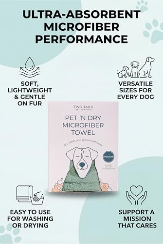 Two Tails Pet Company Pet N’ Dry Microfiber Bath Towel, Absorbent Dog Towels for Versatile Everyday Drying or Washing, Soft and Lightweight, Fast Drying, Grooming Dog Supplies, Size Medium - size: Medium