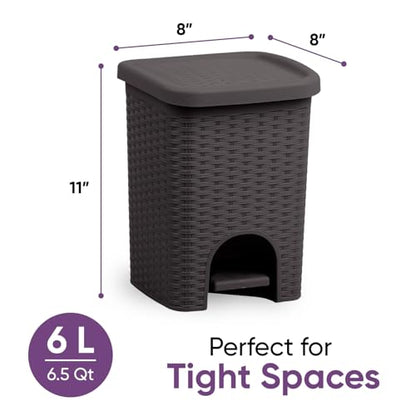 Superio Mini 6L Step Pedal Trash Can - Wicker Design, Hidden Mechanism, Durable Plastic, Ideal for Desktop, Countertop, Pet Waste/Dog Poop - Brown - color: Brown