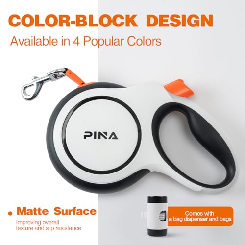 PINA Upgraded Retractable Dog Leash, 26 ft Dog Leash for Small Medium Large Dogs Up to 110lbs, Heavy Duty Reflective Nylon Tape 360° Tangle-Free, with Anti-Slip Handle, One-Handed Brake, Pause, Lock - color: White