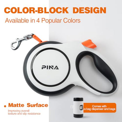 PINA Upgraded Retractable Dog Leash, 26 ft Dog Leash for Small Medium Large Dogs Up to 110lbs, Heavy Duty Reflective Nylon Tape 360° Tangle-Free, with Anti-Slip Handle, One-Handed Brake, Pause, Lock - color: White