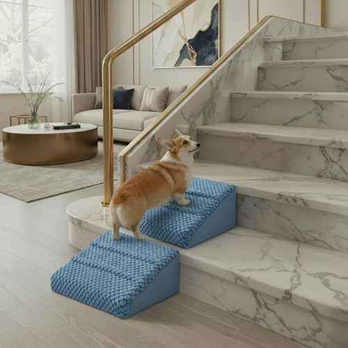 Dog Ramp for Stairs - Anti-Slip Foam Stair Wedges for Small & Senior Dogs, Cats, Gentle Slope Pet Steps with Washable Corduroy Cover, Self-Sticky Pads for Safe Climbing (Blue-2 Pack) - color: Blue-2 PACK