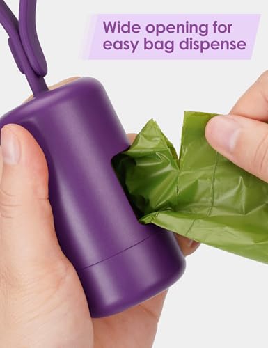 Gobeigo Dog Poop Bag Holder【Convenient Hook for Used Bags】【Silicone Strap Fits Any Leash】【Large Opening for Easy Dispensing】with 1 Roll Waste Bags (Purple) - color: Purple