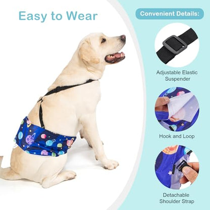 3 Pack Avont Dog Belly Bands Diapers Male with 1 Detachable Suspender, Reusable Washable Boy Doggie Pee Wraps with Harness, Separable Shoulder Strap Escape Proof & Non-Slip -Space Theme M