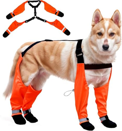 Dog Suspender Boots, Large Dog Rain Boots, Waterproof Dogs Boot Legging Pants, Anti-Slip Dogs Paw Protectors Stay-On Shoes with Suspenders for Outdoor Walk, Rain, Snow, Hike, Hot Pavement(XL,Orangeb) - size: X-Large