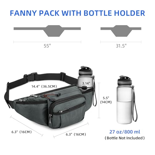 NOOLA Fanny Pack Waist Bag for Men Women, Lightweight Waist Pack with Water Bottle Holder, Adjustable Belt Bag with Multi-Pockets for Hiking, Dog Walking, Outdoor, Cycling, Running, Travel, Grey - color: Grey