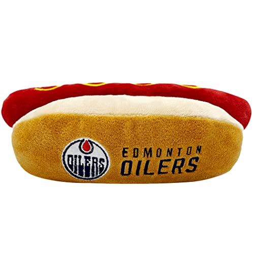 Pets First NHL Edmonton Oilers HOT Dog Plush Dog & CAT Squeak Toy - Cutest HOT-Dog Snack Plush Toy for Dogs & Cats with Inner Squeaker & Beautiful Hockey Team Name/Logo 8 x 5 x 3 Inches - color: Edmonton Oilers, style: NHL Hot Dog Toy